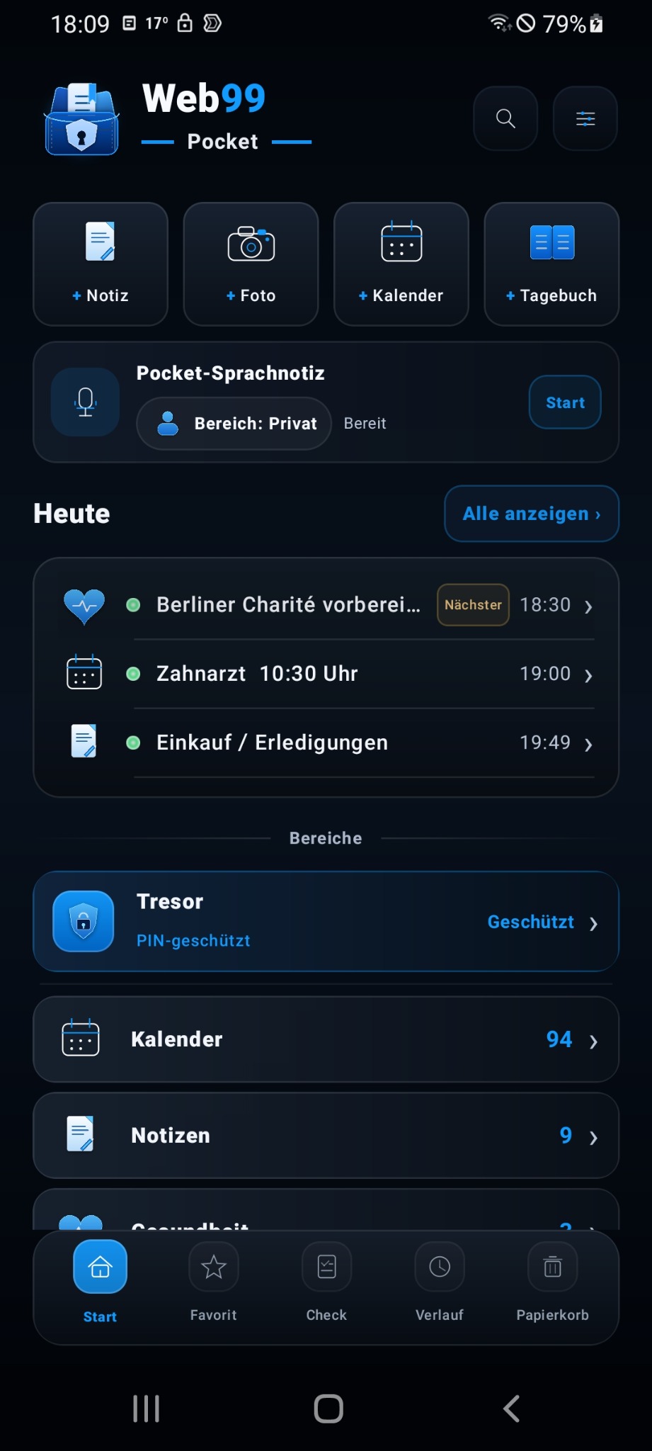 Web99 Pocket Startseite im dunklen Design